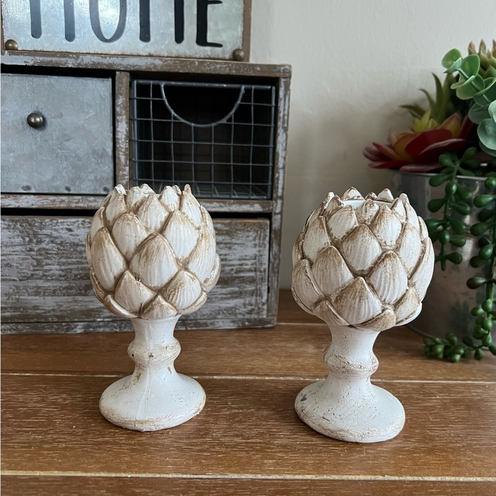 2 New White Rustic Artichoke Candle Holders